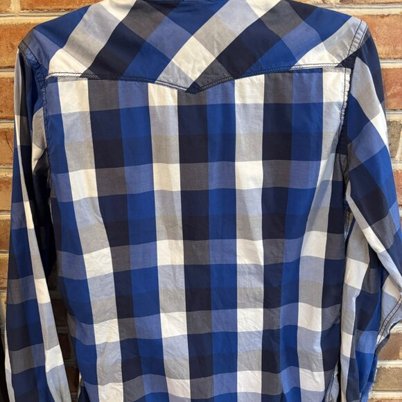 Mens Express LS Western Snap Plaid Shirt Blue & White Checkered Size M Vtg - Picture 5 of 9